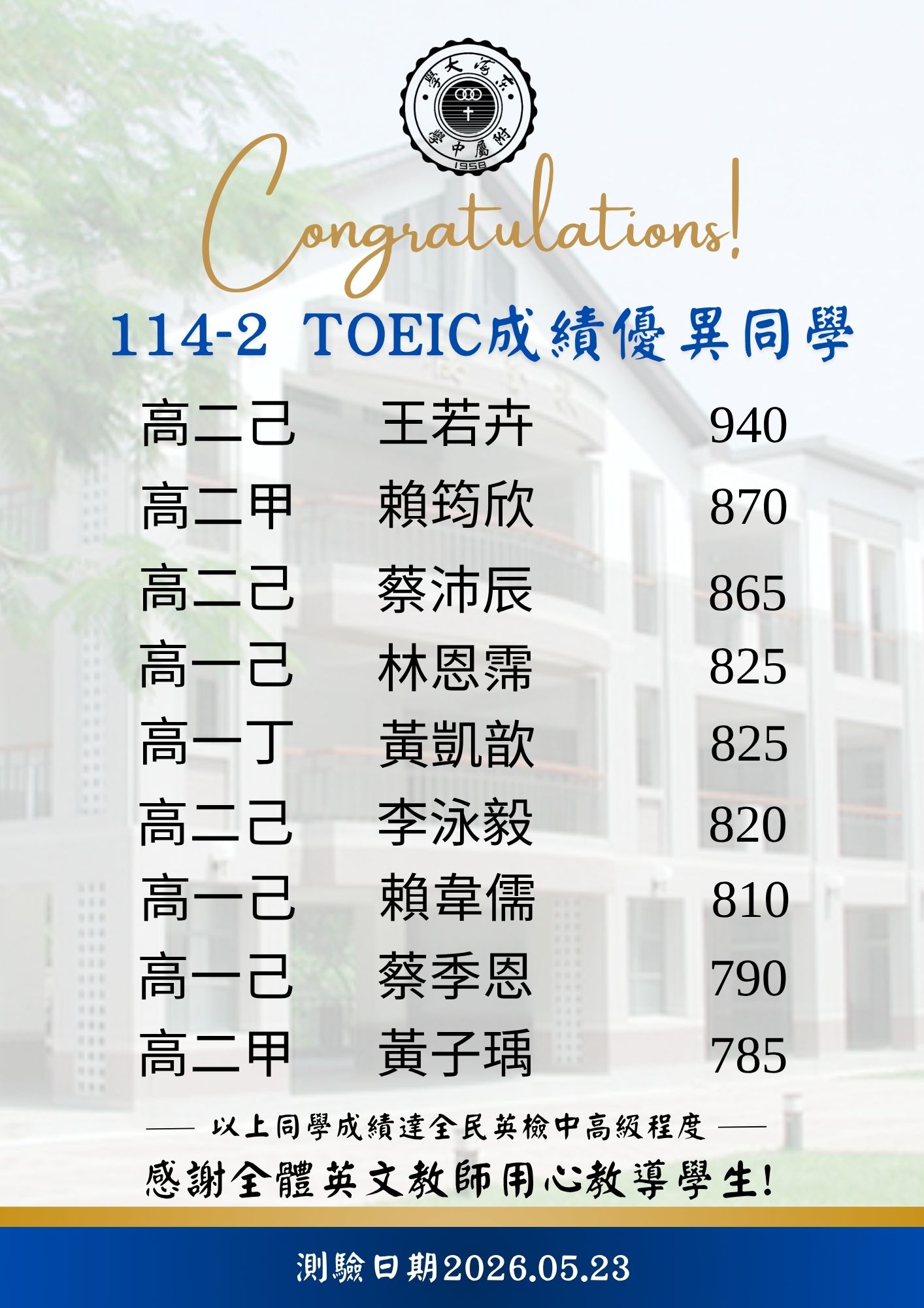 賀！多位同學參加TOEIC多益/ TOEIC Bridge測驗 成績優異！